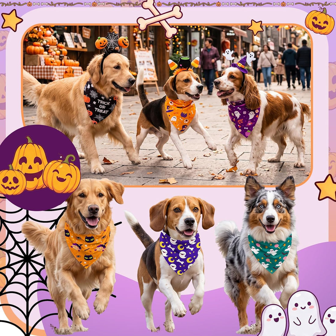 50 Pcs Halloween Dog Bandanas Bulk, Pumpkin Ghost Bat Skull Pattern