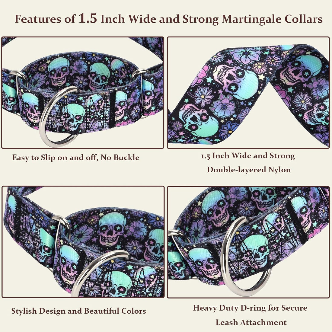 1.5 inch Skulls Martingale Collar for Dogs,Training Collar for Large