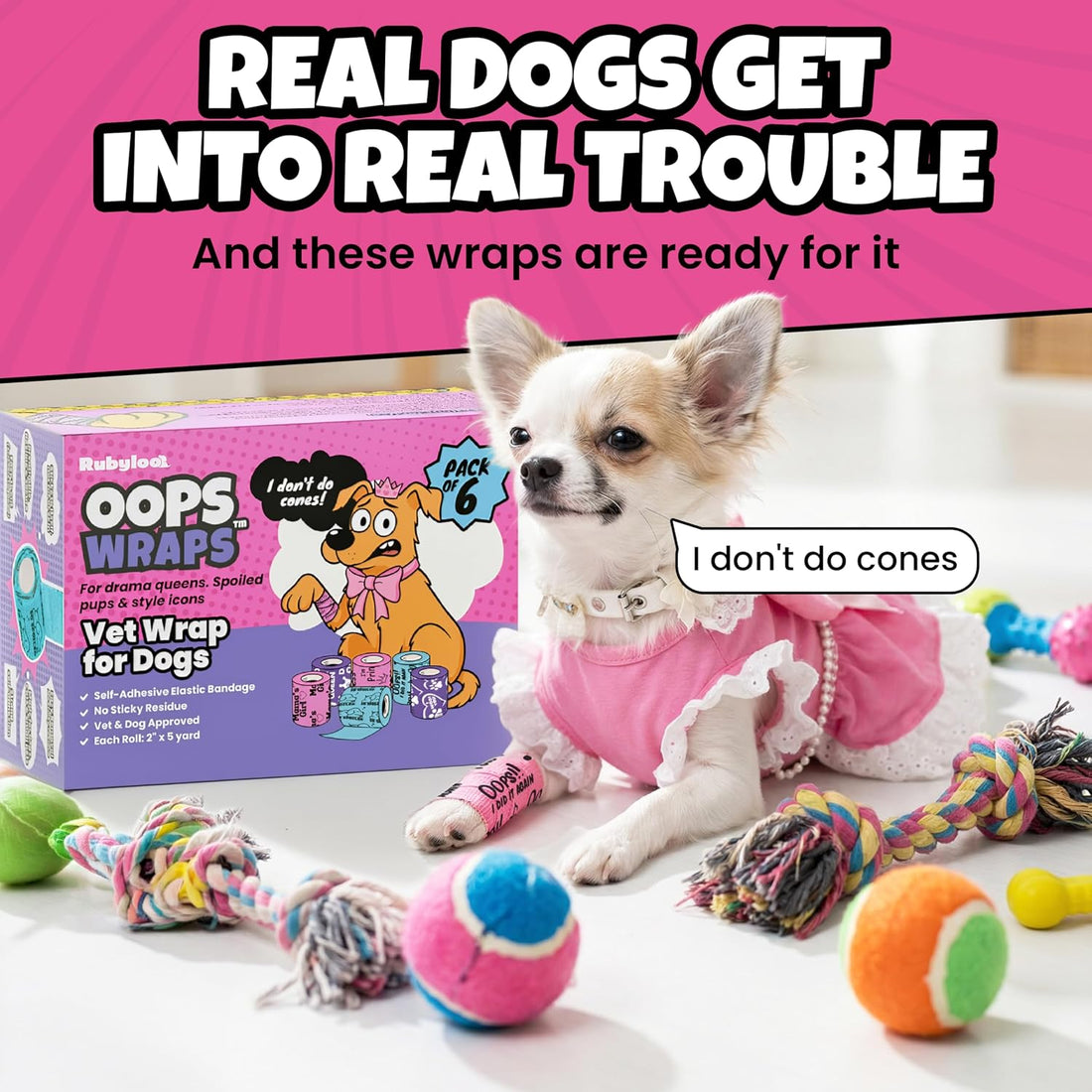 Funny Vet Wrap for Dogs, 2in Self-Adhesive Bandage Tape, 6 Pack Girls