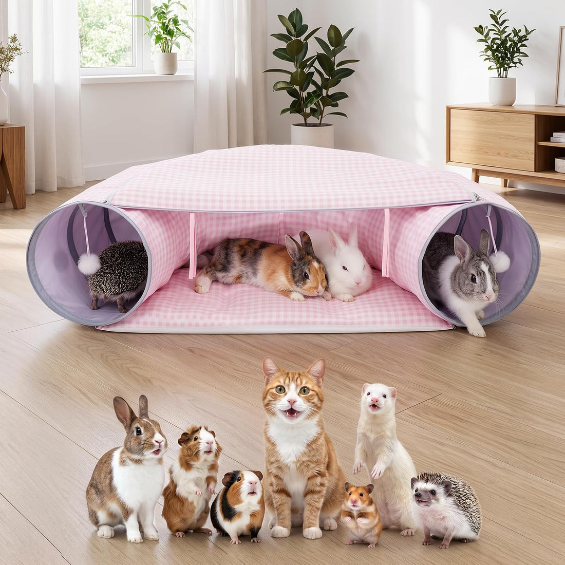 Bunny Tunnel Bed, 2-in-1 Collapsible Rabbit Guinea Pig Hideout
