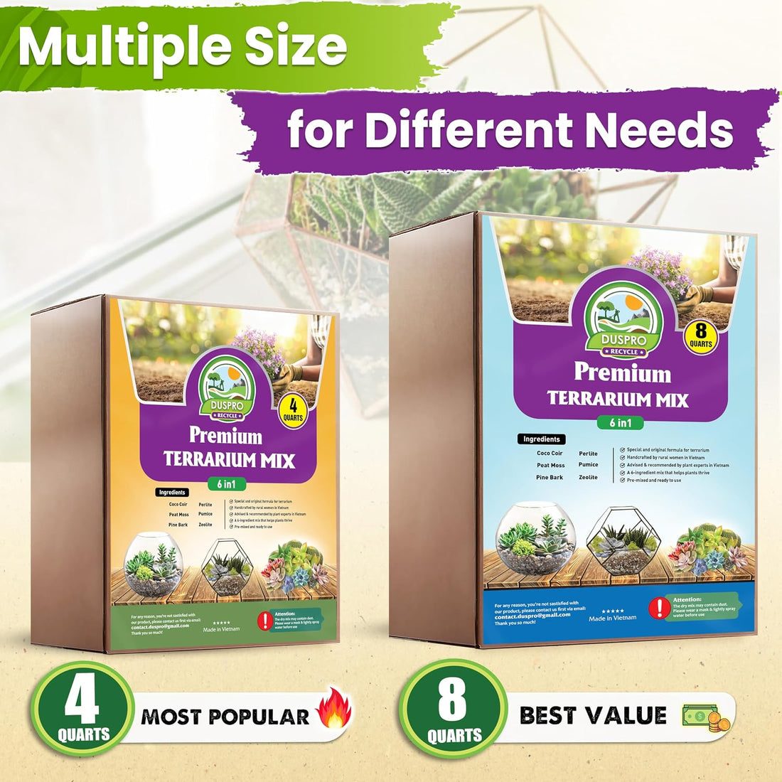 DUSPRO 6-in-1 Terrarium Soil Mix, Pre-Mixed & Ready to Use, 4QT