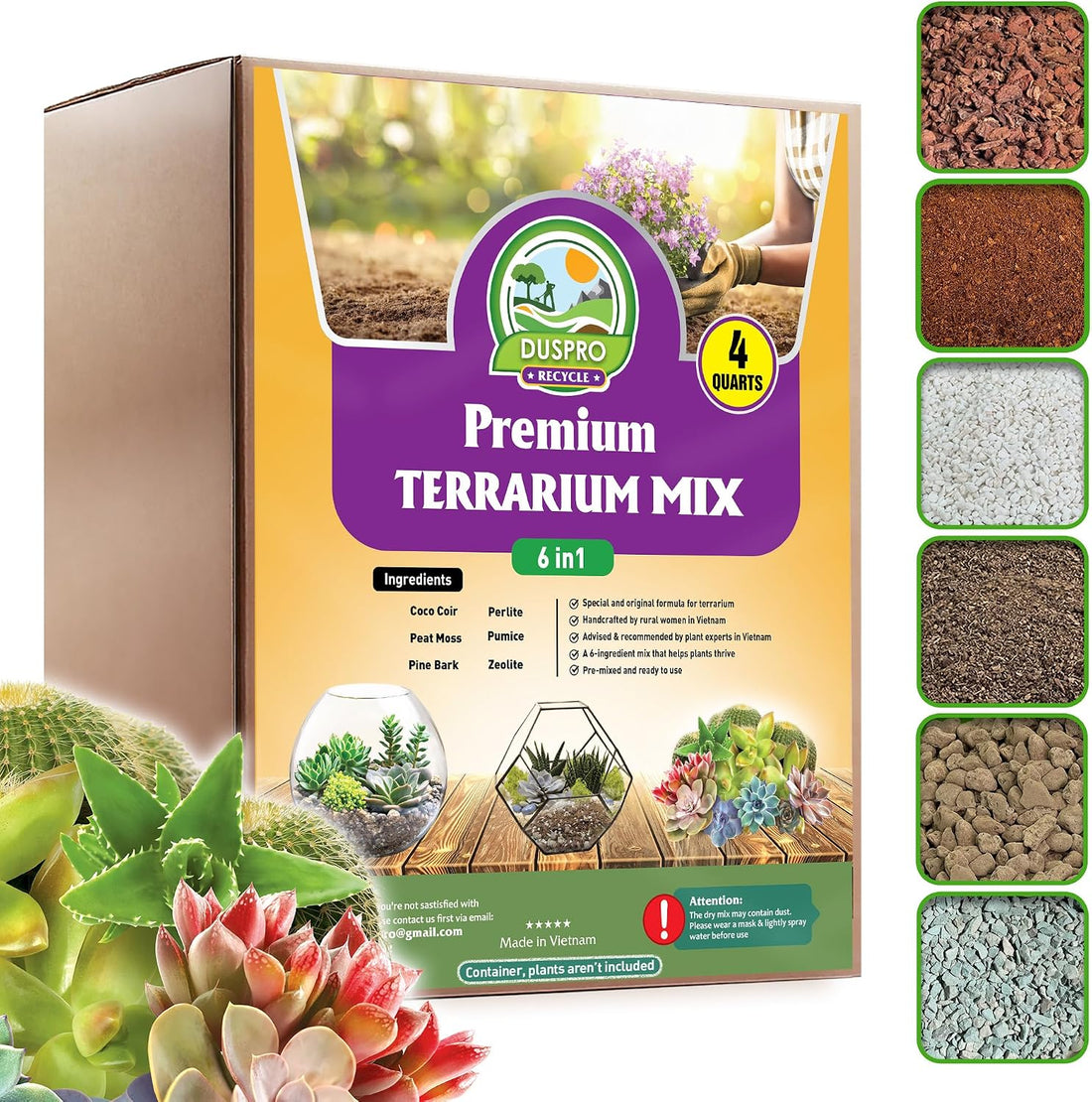 DUSPRO 6-in-1 Terrarium Soil Mix, Pre-Mixed & Ready to Use, 4QT