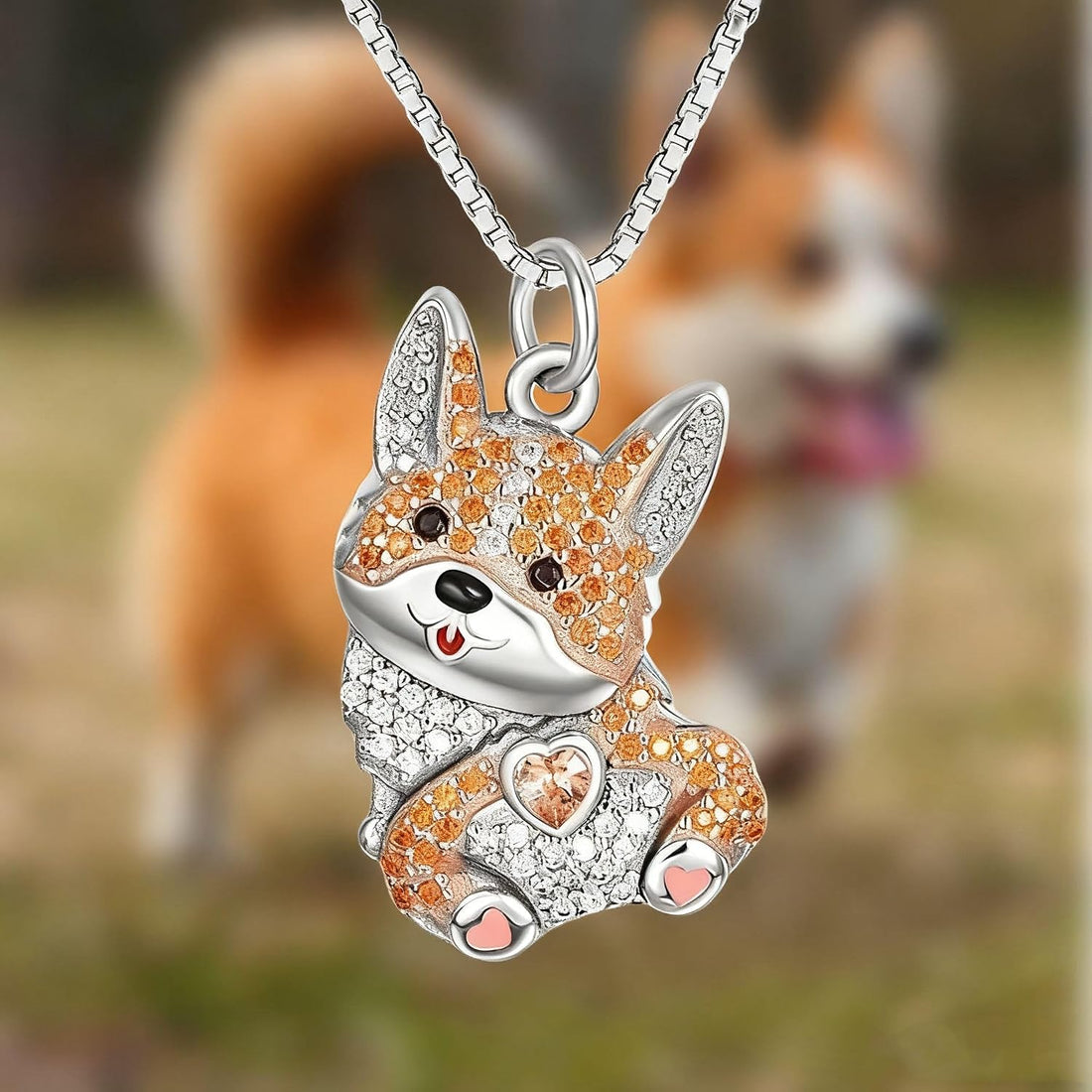 OSCCI Crystal Corgi Heart Necklace for Women Cute Cartoon Dog Pendant