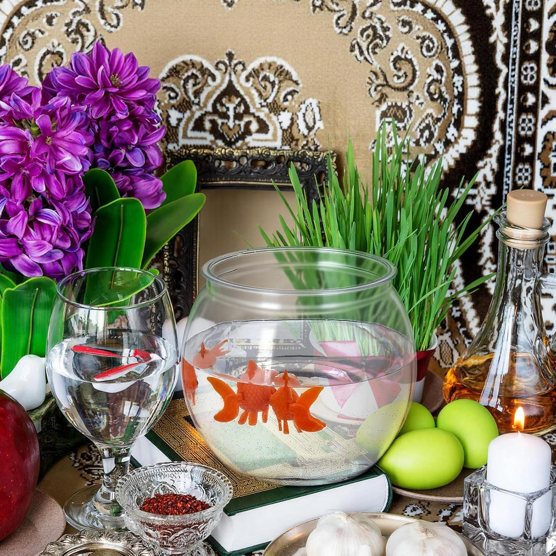 Bokon 4 pcs Include 16 oz Plastic Oval Fish Bowl with 3 Fake Goldfish