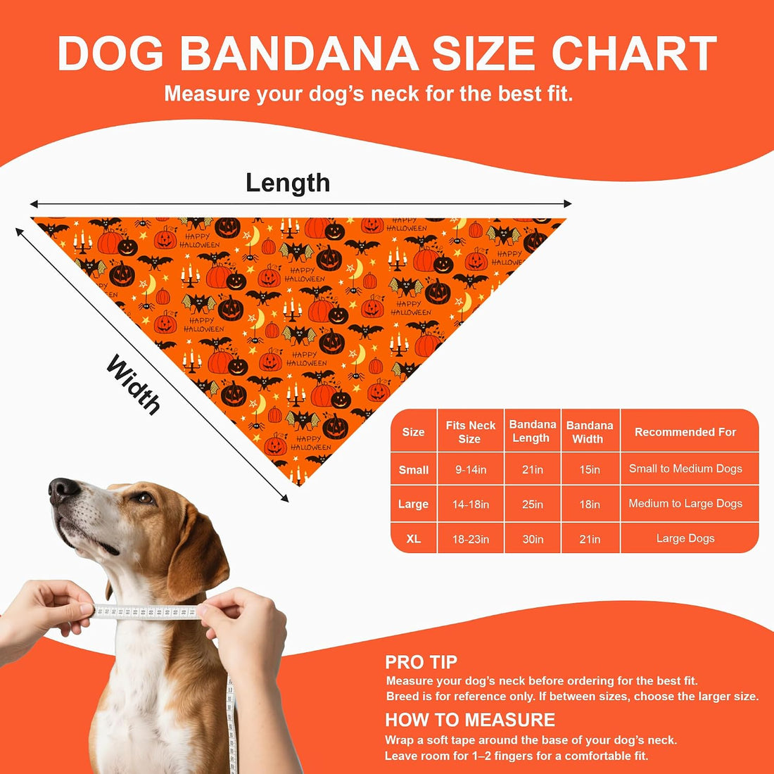 Halloween Dog Bandana for Large Dogs, Reversible Orange Scarf
