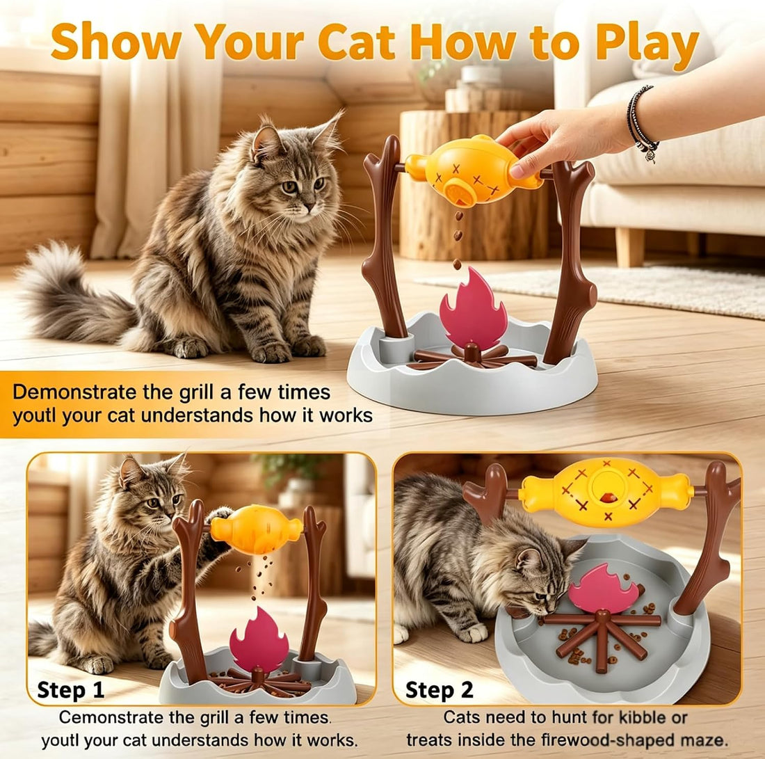 Cat Slow Feeder Puzzle Toy BBQ Campfire‑Grill Style Adjustable