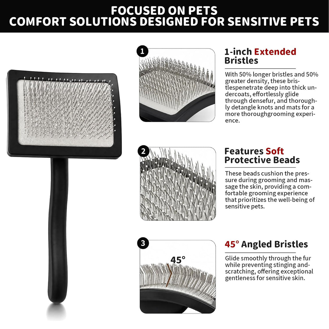 Slicker Brush for Dogs, Long Pin Doodle Brush with Metal Comb, Black