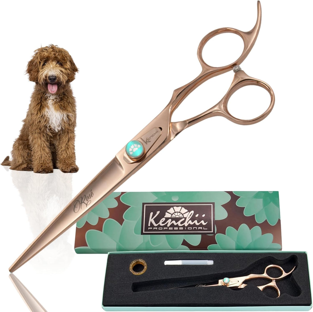 Kenchii Rose Dog Grooming Scissors 7in Curved, Micro-Serrated