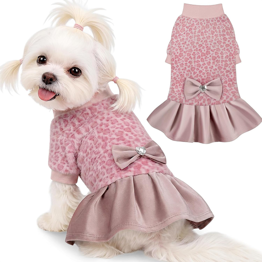 YUDODO Fleece Small Dog Sweater Dress with Bowtie