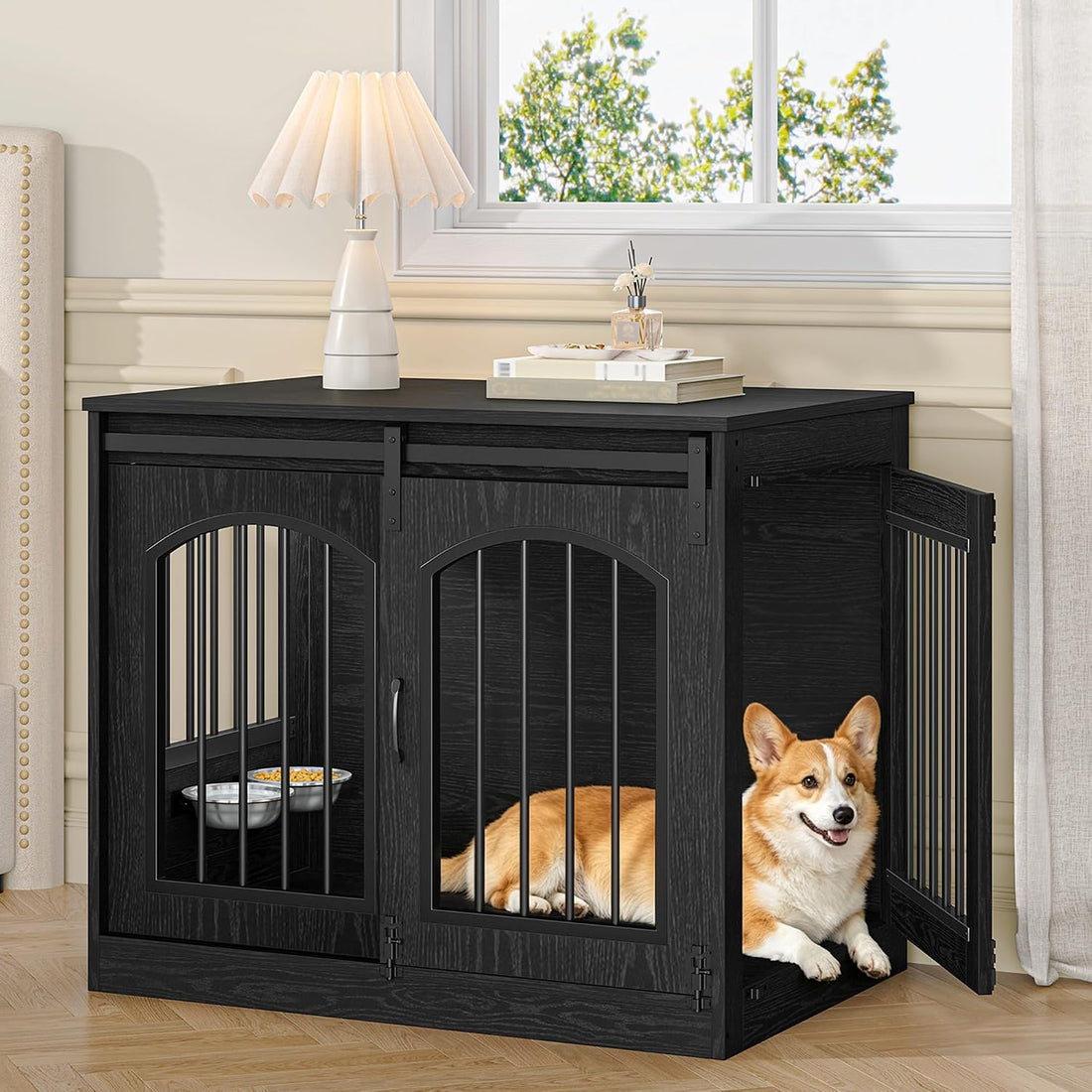 Hzuaneri 31.5 in Dog Crate Furniture Indoor Dog Kennel with 2 Feeding