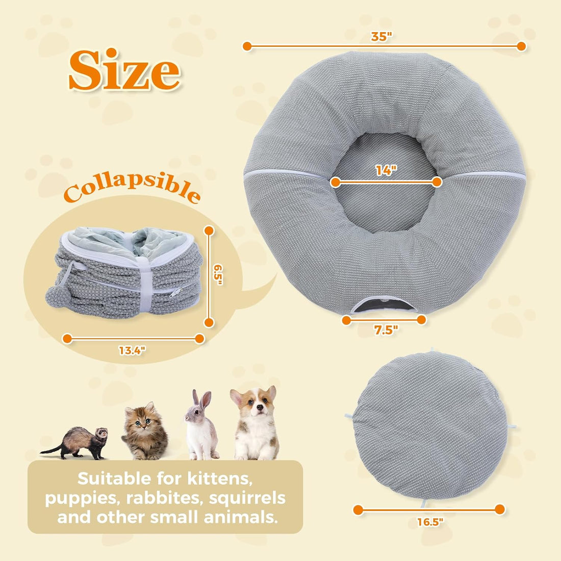 PEQULTI Grey Donut Cat Tunnel Bed Washable Plush Mat Multi for Small