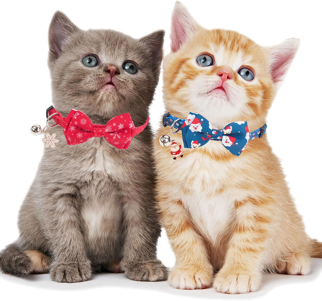 PTDECOR Christmas Cat Collars with Bow, Red Blue Cat Xmas Collar
