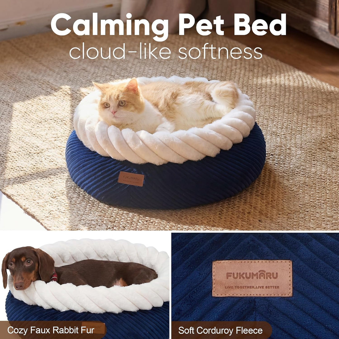 FUKUMARU Cute Round Cat Bed, Calming Donut Small Dog Beds, Washable