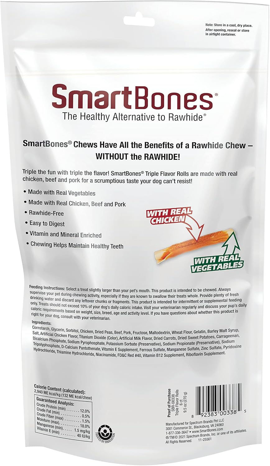 SmartBones Triple Flavor Rolls 6 Count, Rawhide-Free Chews for Dogs