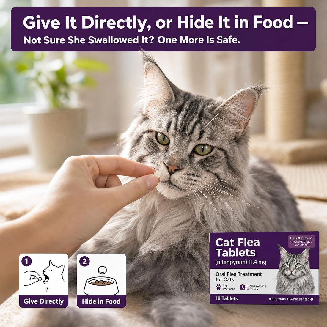 Cat Flea Treatment Tablets for Cats, Nitenpyram 11.4 mg, 18 Count