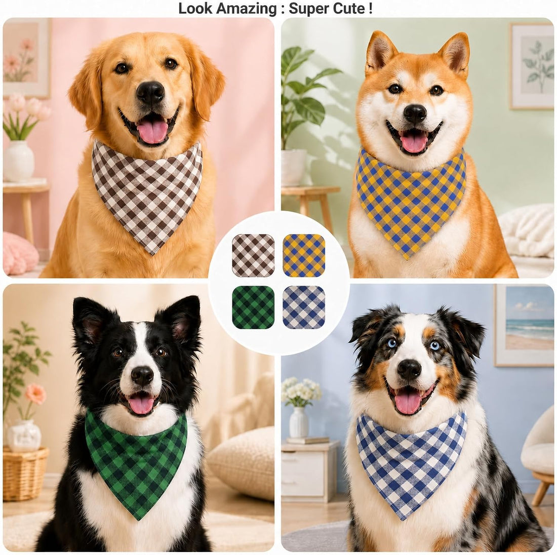Khaki Plaid Dog Bandana 1 Pack, Fits Neck Up to 18"