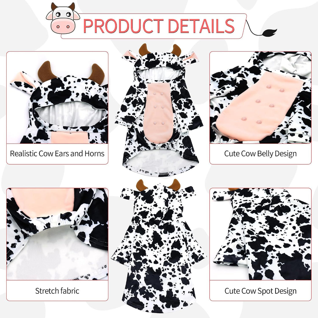 DELIFUR Dog Cow Costume for Halloween, Black and White