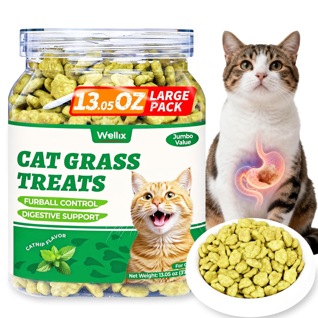 Wellix Cat Grass Treats with Catnip, Hairball & Digestive Support, 13.05 oz