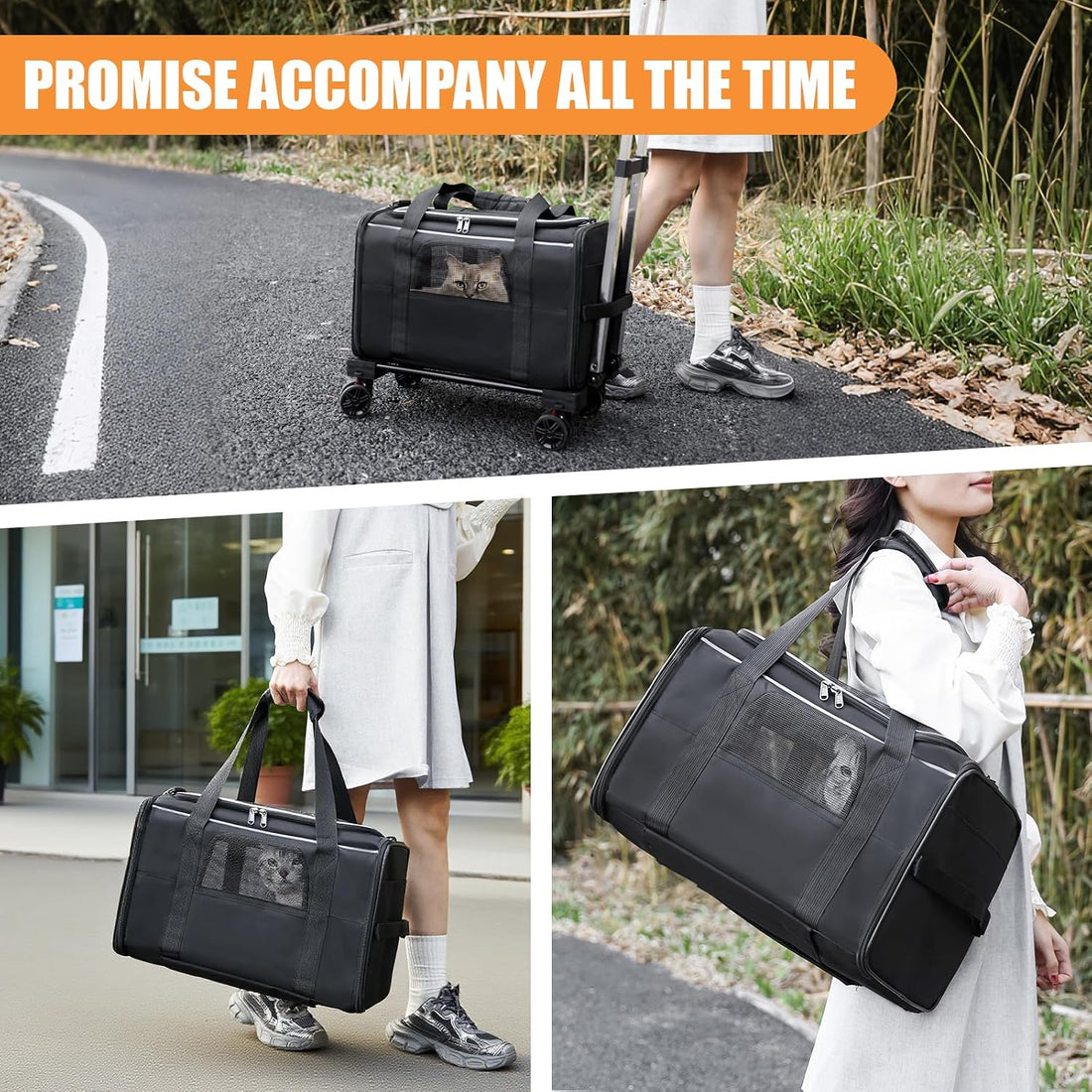 Pet Carrier with Wheels - Soft-Side Wheeled Cat Carrier for Dogs
