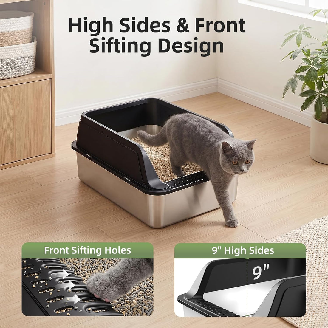 FURTIME Stainless Steel Litter Box with Lid