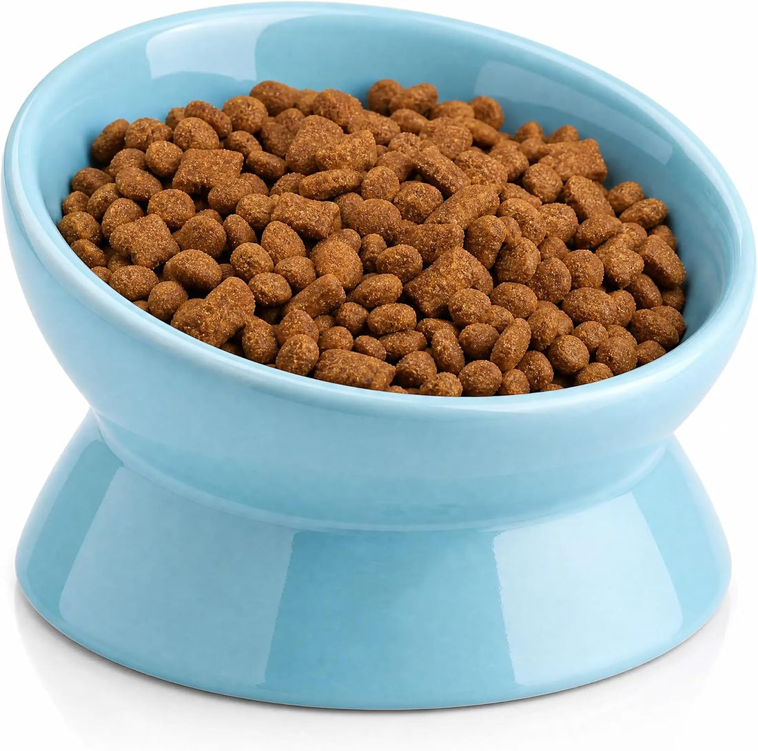 Nucookery Ceramic Raised Cat Food & Water Bowl Tilted Elevated, 5''