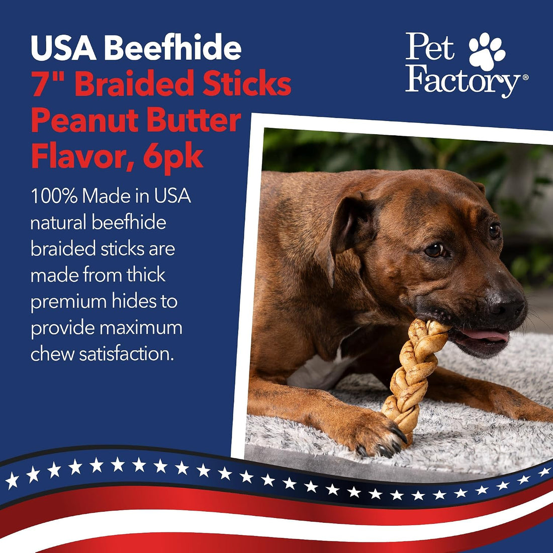 Pet Factory 7in Braided Beefhide Dog Chew Sticks with Peanut Butter