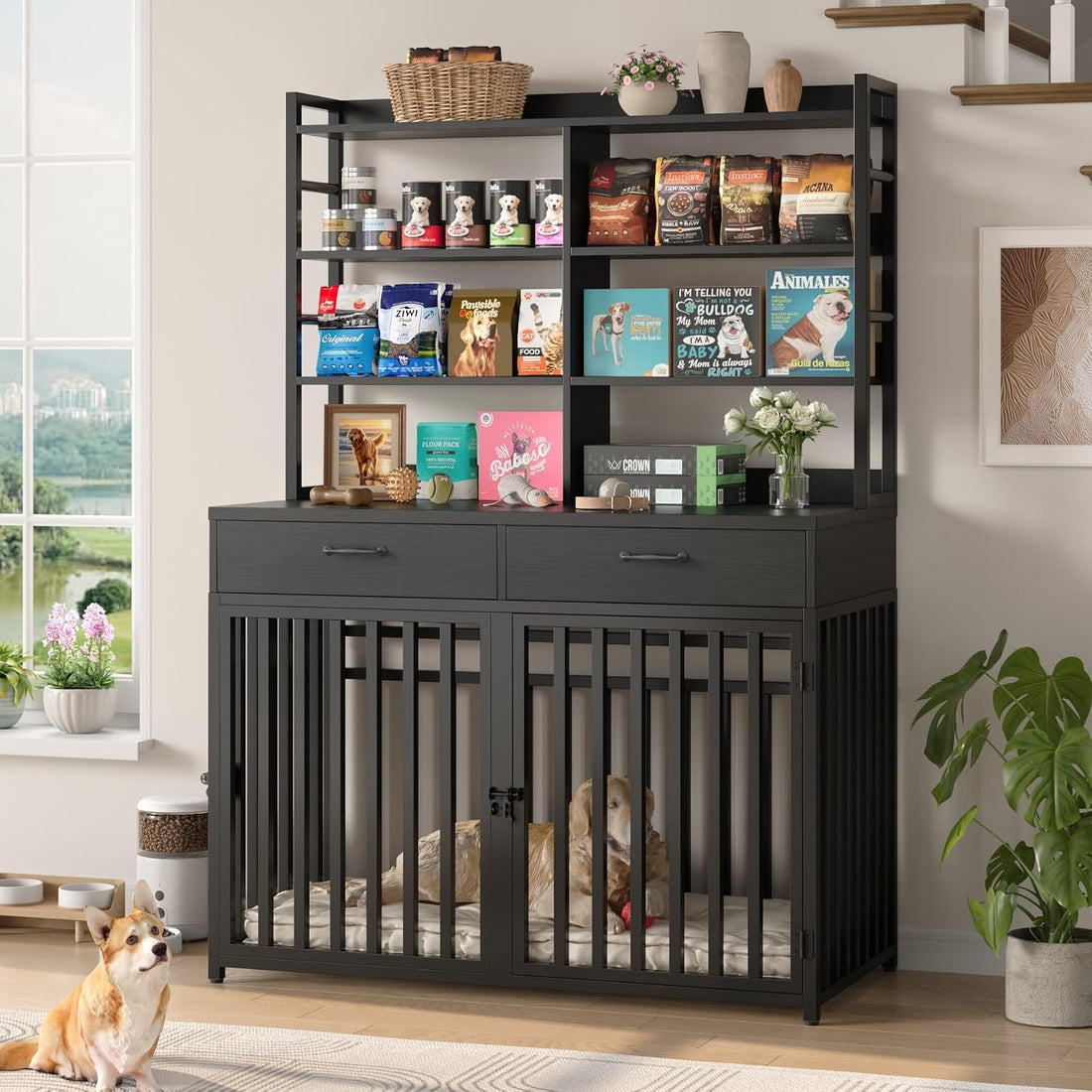 Keyluv 71''H x 47.2''W Large Dog Crate Furniture with 4-Tier Shelves