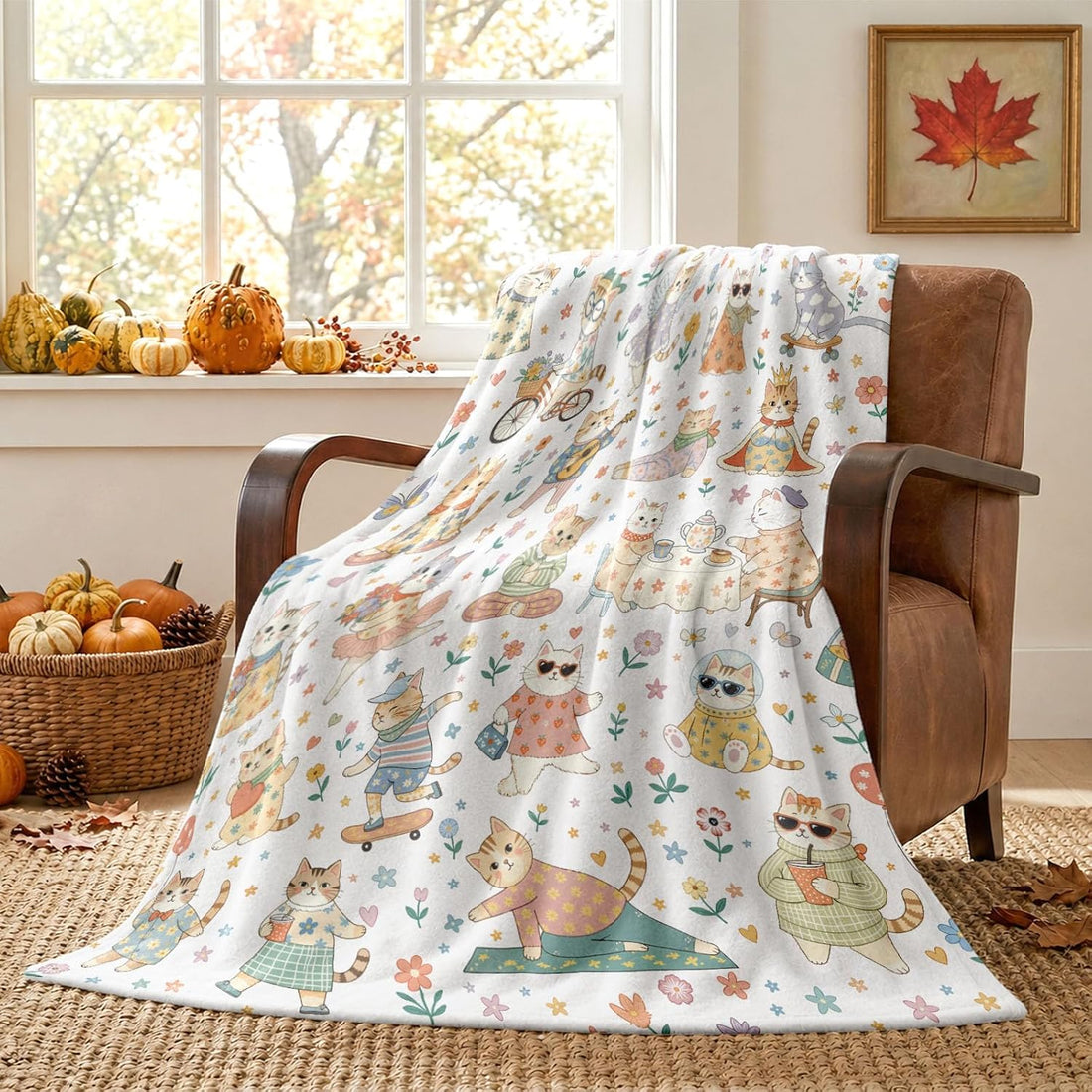 Fall Cute Sweater Cat Colorful Floral Throw Blanket 50 x 60 Inch