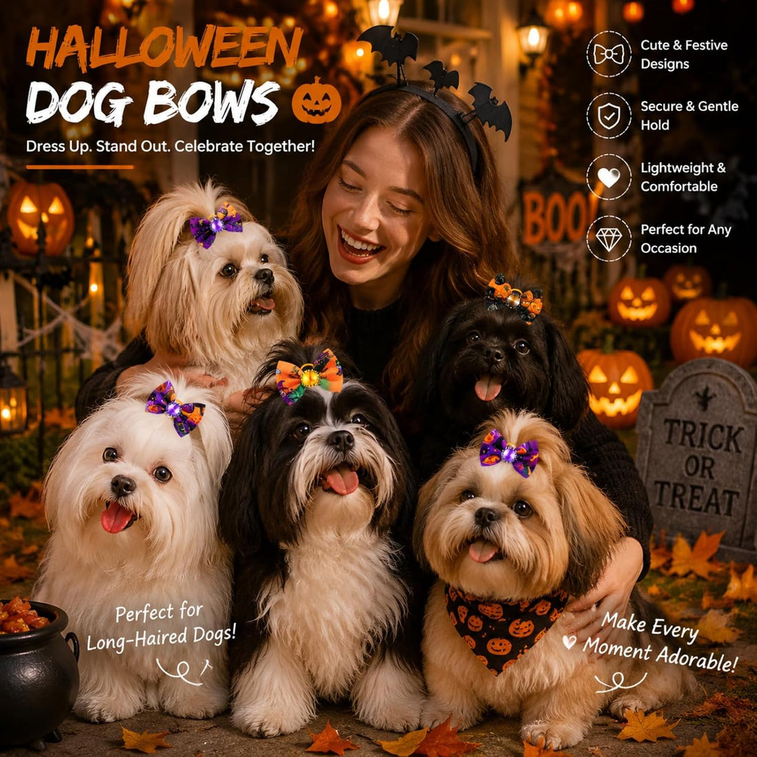 Tondiamo 100 Pack Halloween Dog Hair Bows Ghost Pattern Rubber Bands