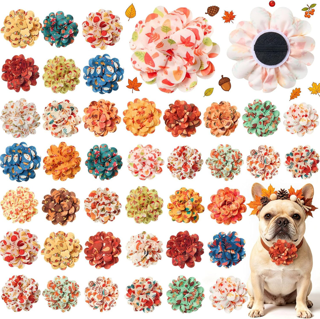 Dansydaisy 50 Pcs Halloween Dog Collar Flowers Bulk, Pumpkin Ghost Bat