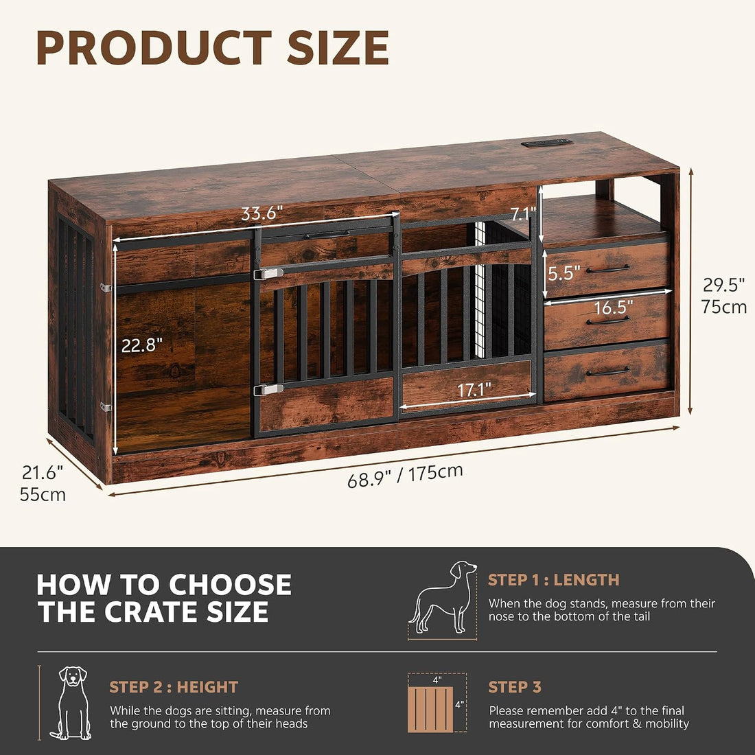 68.9" Double Dog Crate Furniture, Dog Crate for 2 Dogs Brown