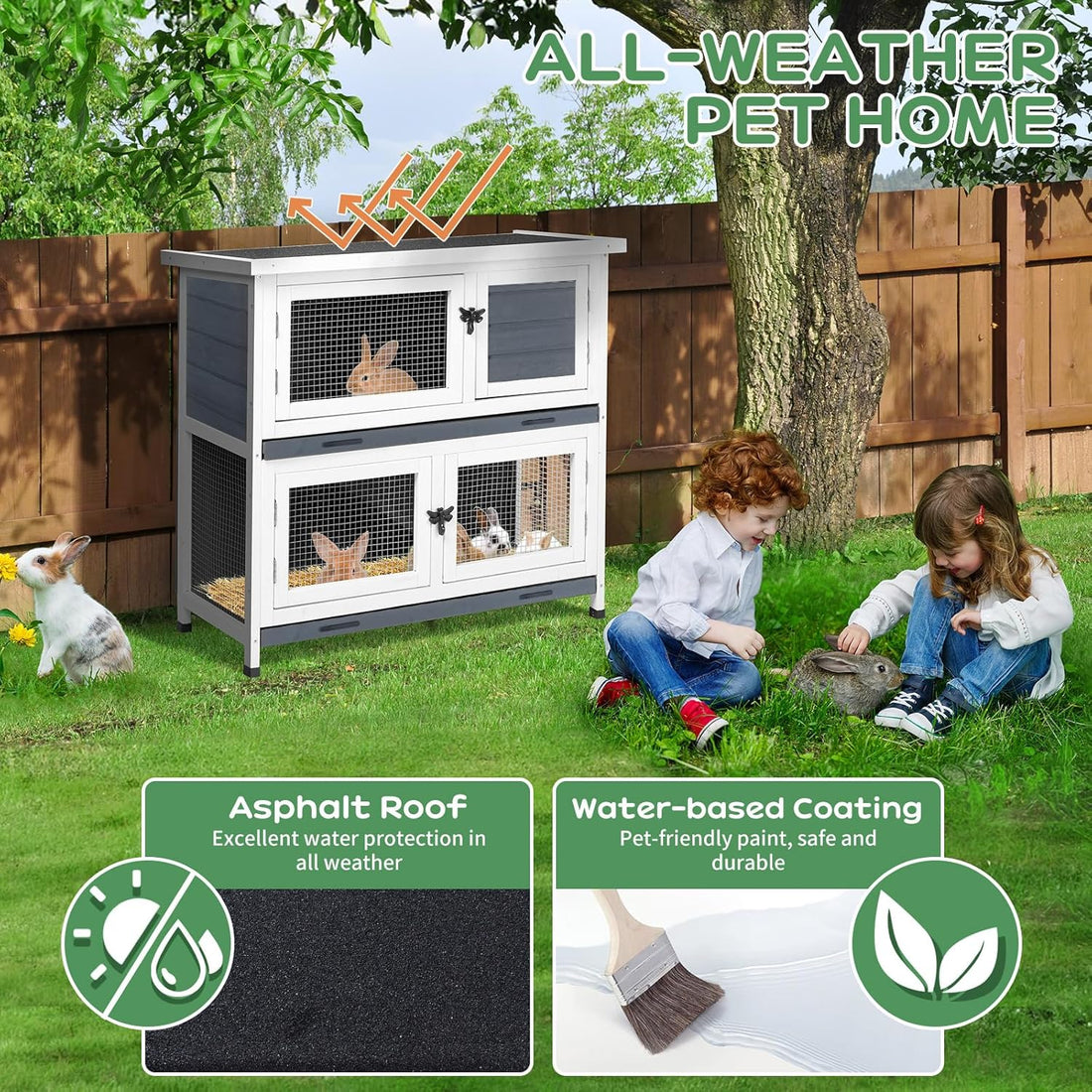 2 Story Solid Wood Rabbit/Bunny Hutch with 2 Large Main Rooms