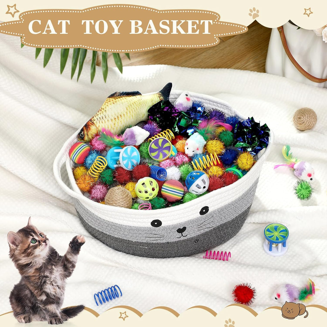 Zopeal 58 Pcs Cat Toy Set with Storage Basket Indoor