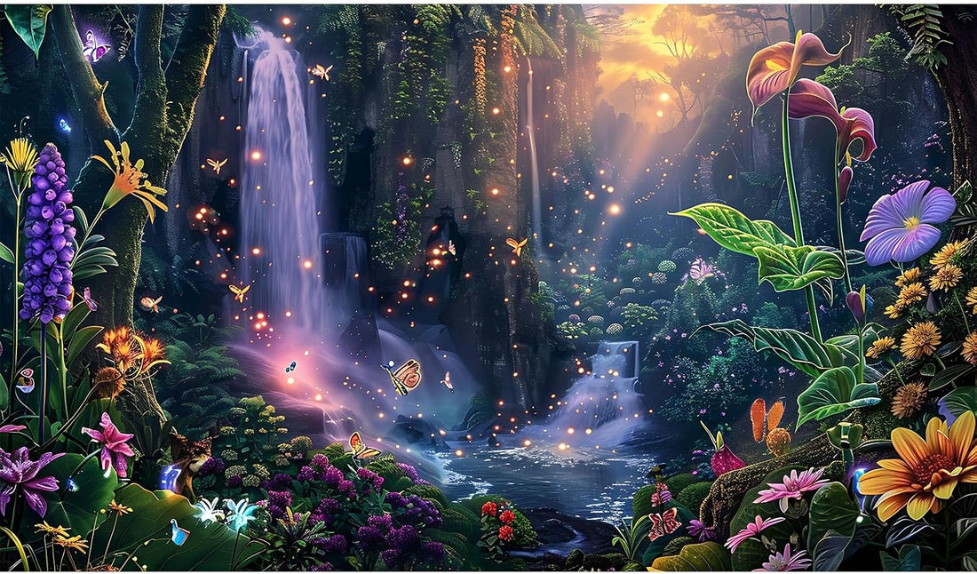 Fantasy Garden Aquarium Background Sunset Waterfall and Flowers
