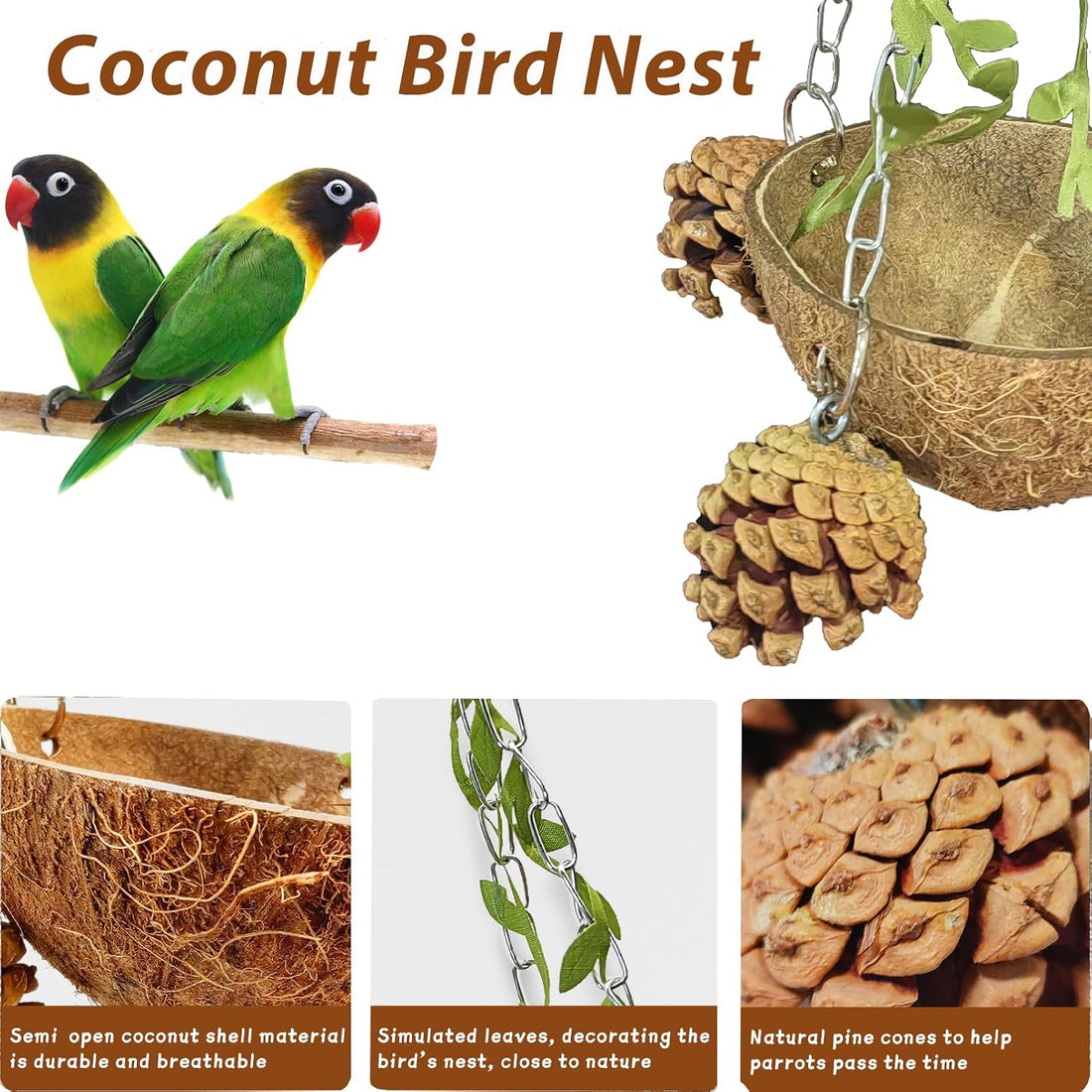 PINVNBY Natural Coconut Shell Bird Nest Suspended Parakeet Nest Bird