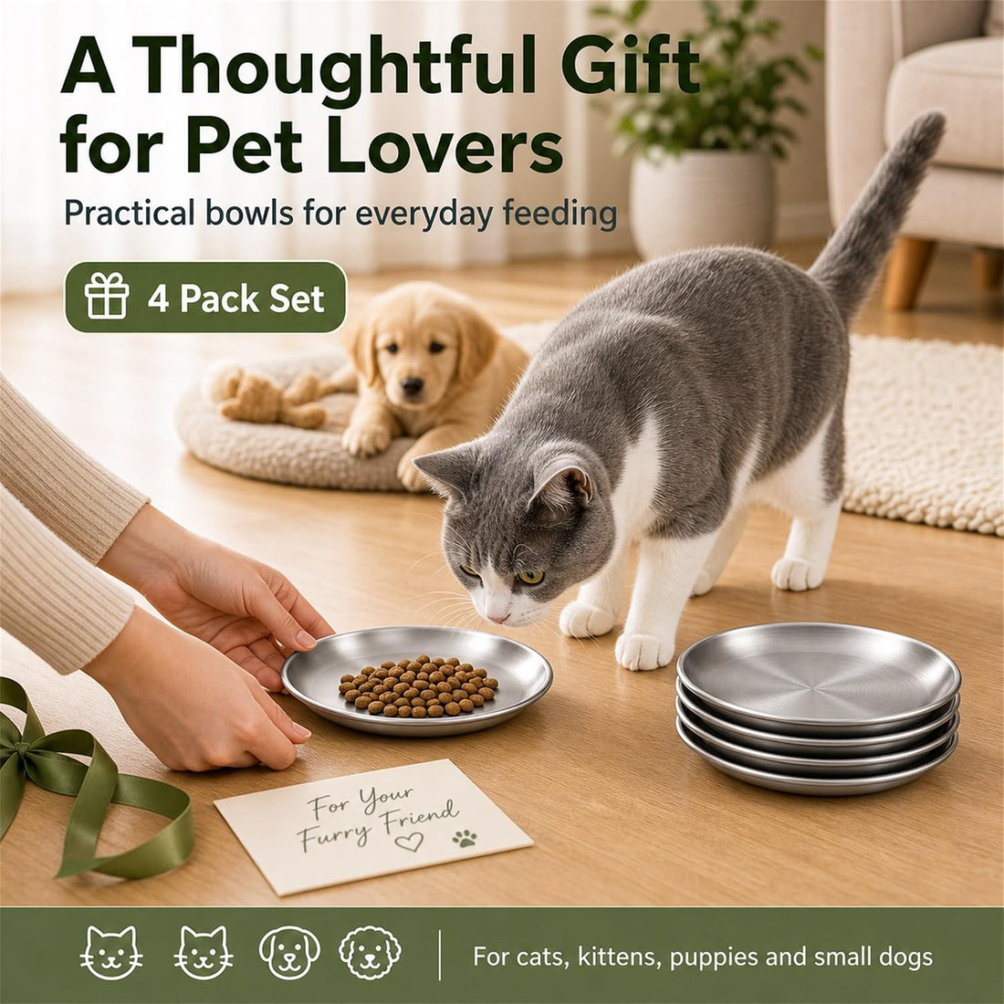 Cat Bowls, 4 Pack Stainless Steel Cat Food Bowl Set