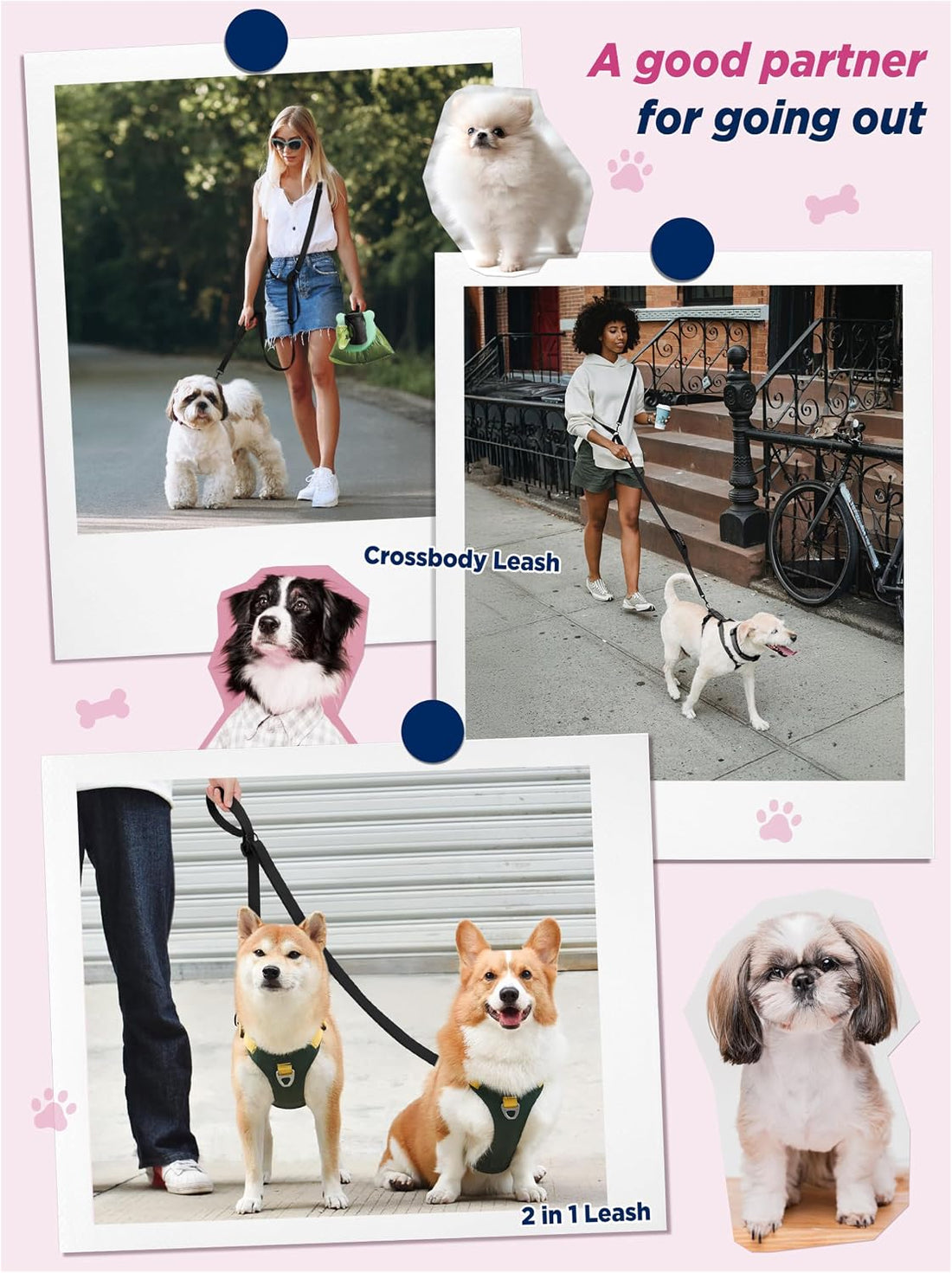 Hands Free Dog Leash, 5.9-10.1ft Crossbody Dog Leash & Waist-Wear