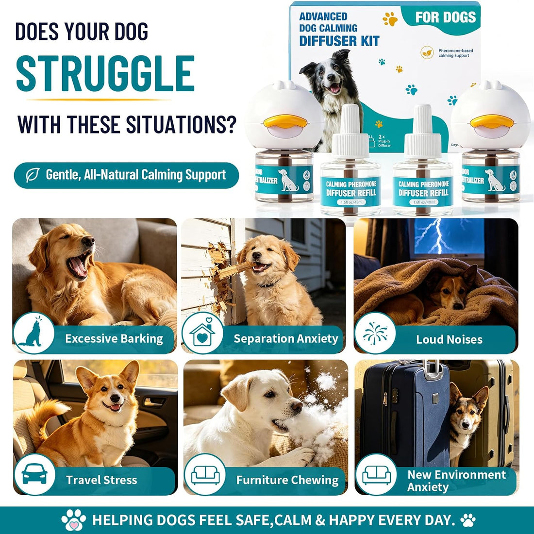 Upgraded Dog Calming Diffuser with 2 Plug-in + 4 Refill