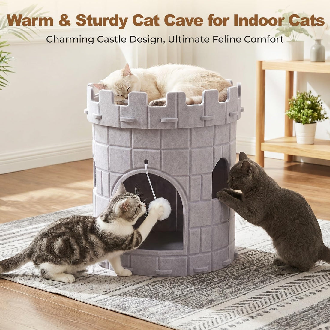 Cat Castle House for Indoor Cats, Felt Cat Cave with Fluffy Ball