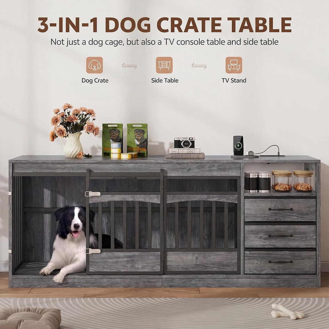 68.9" Double Dog Crate Furniture with 3 Storage Drawers,Grey