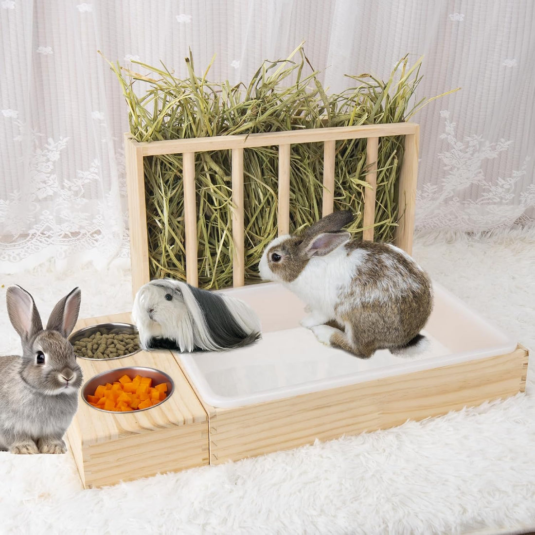BESNEW 3 in 1 Rabbit Hay Feeder with Litter Box,Wooden Hay Feeder