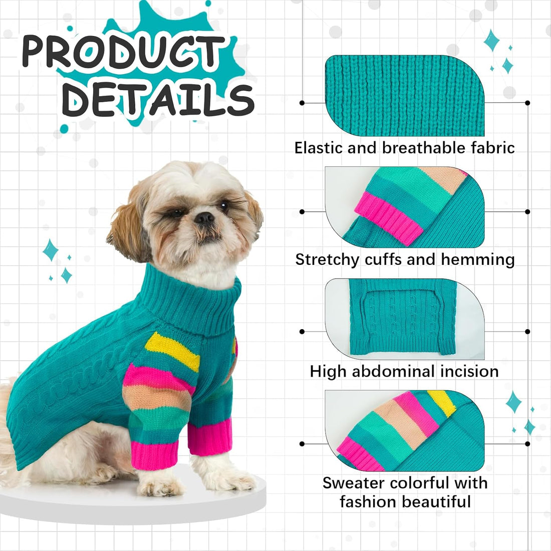 Small Dog Sweater, Turtleneck Pullover with Sleeves, Green S