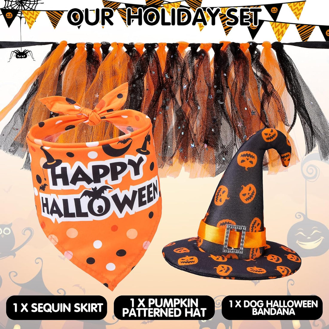 SCENEREAL Small Dog Halloween Costumes, Bandana Hat Dress Set