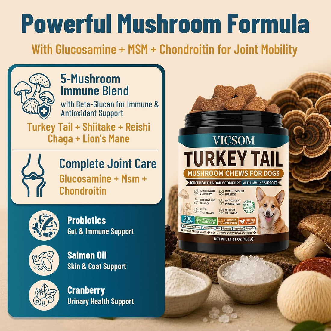 Turkey Tail Mushroom for Dogs, Immune & Joint Supplement for Dog