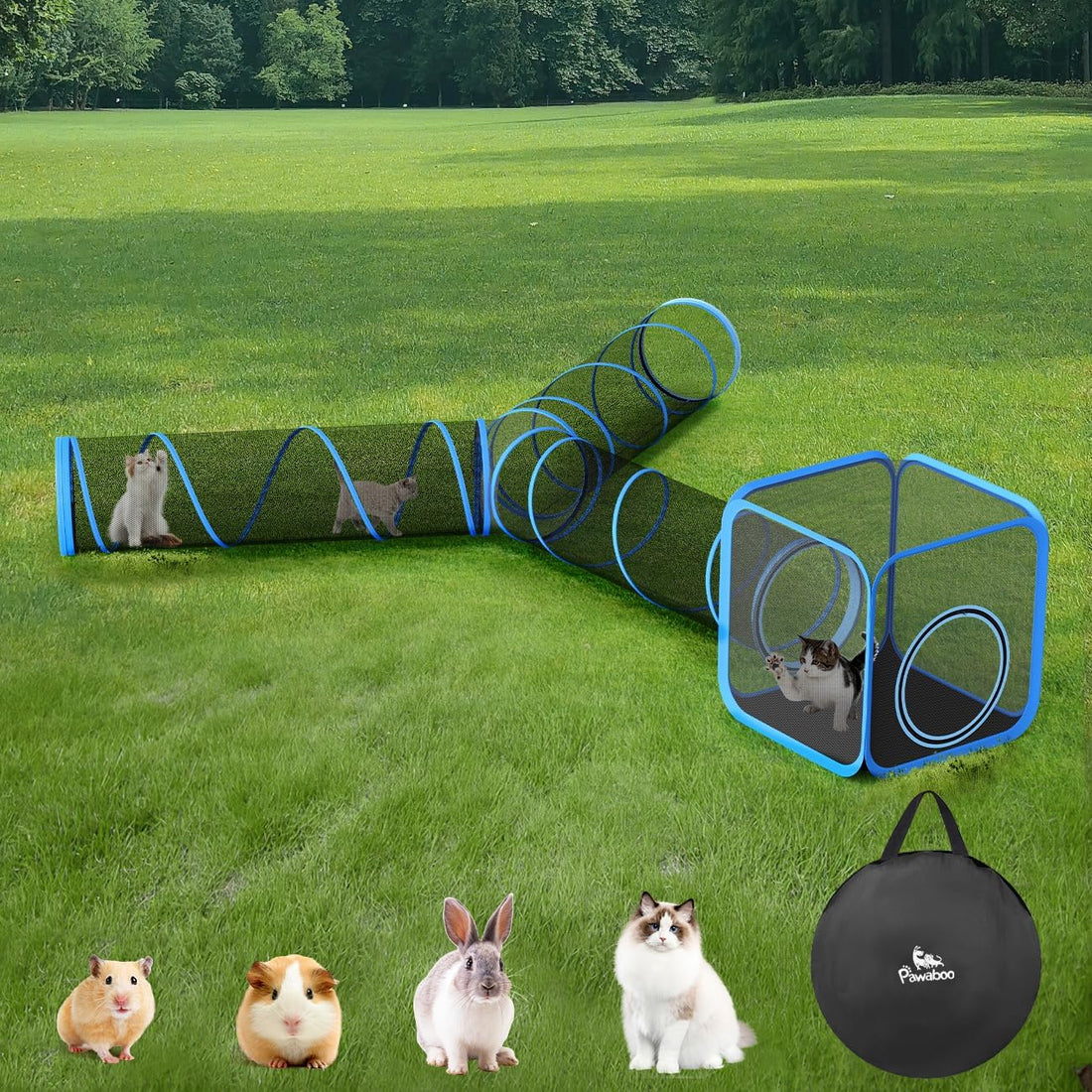Pawaboo Cat Enclosures, Indoor Mesh Cat Tunnel, Light Blue + Black