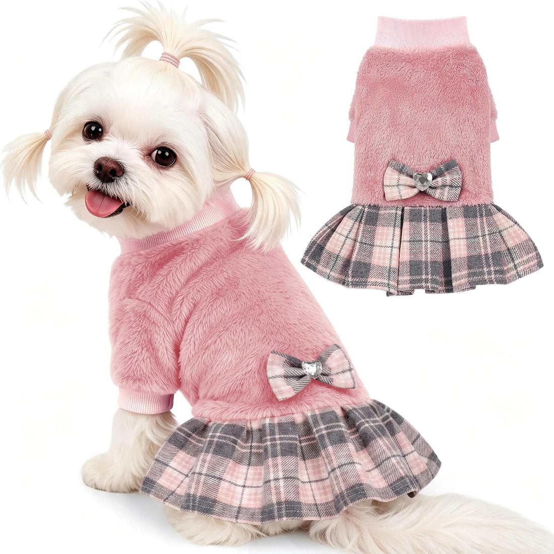 YUDODO Fleece Small Dog Sweater Dress with Bowtie