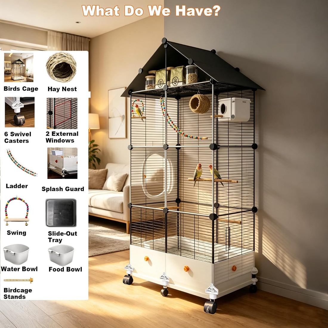 60" H Large Bird Cage for Parrots, Parakeet Cage with Top Storage