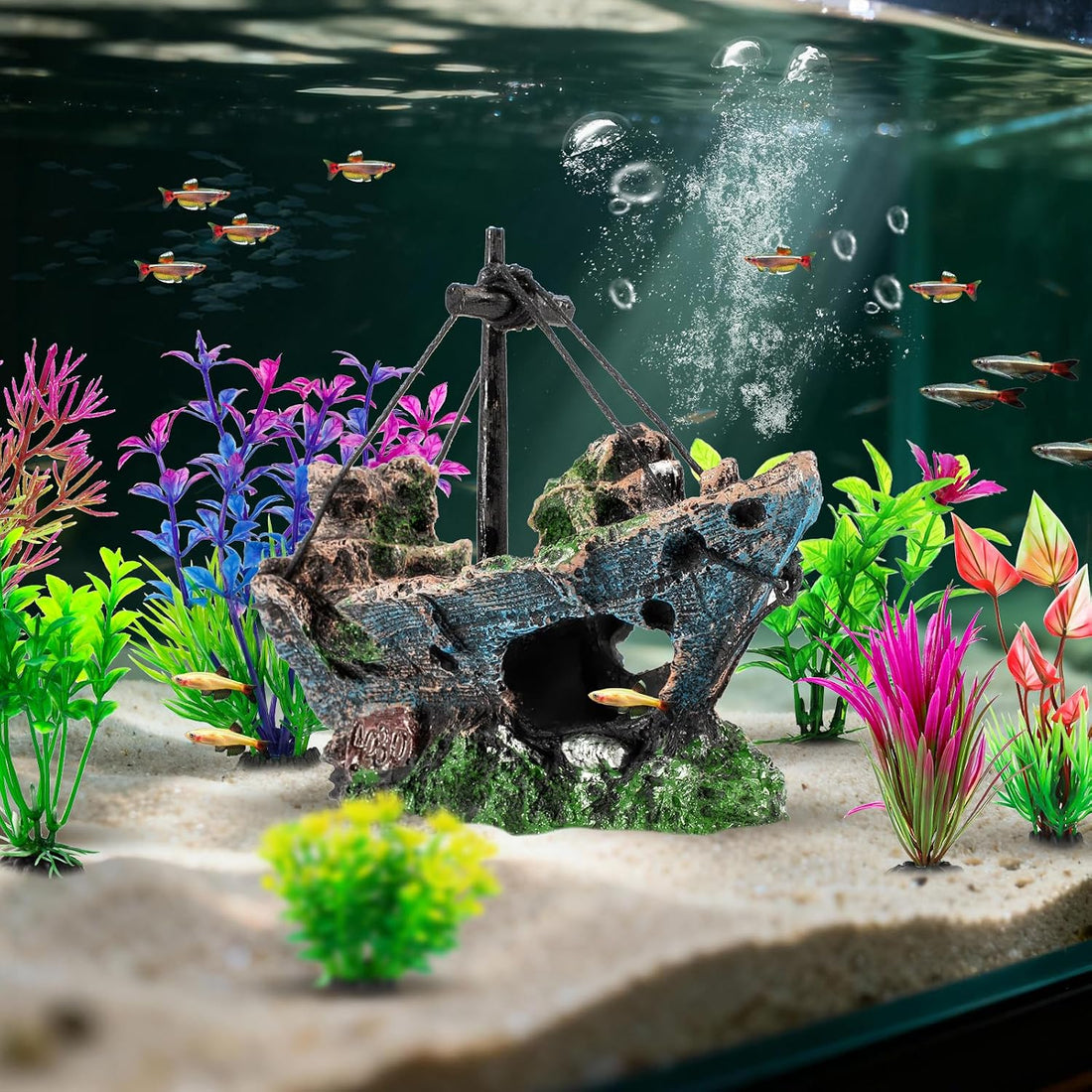 8Pcs Fish Tank Decorations Set Sunken Ship Decoration,Resin Material
