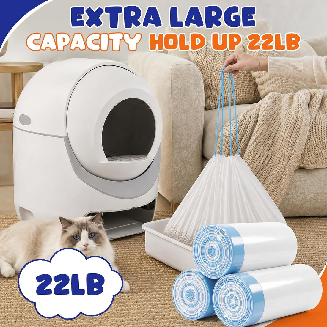 180 Count Automatic Cat Litter Box Liners, Drawstring Waste Bags