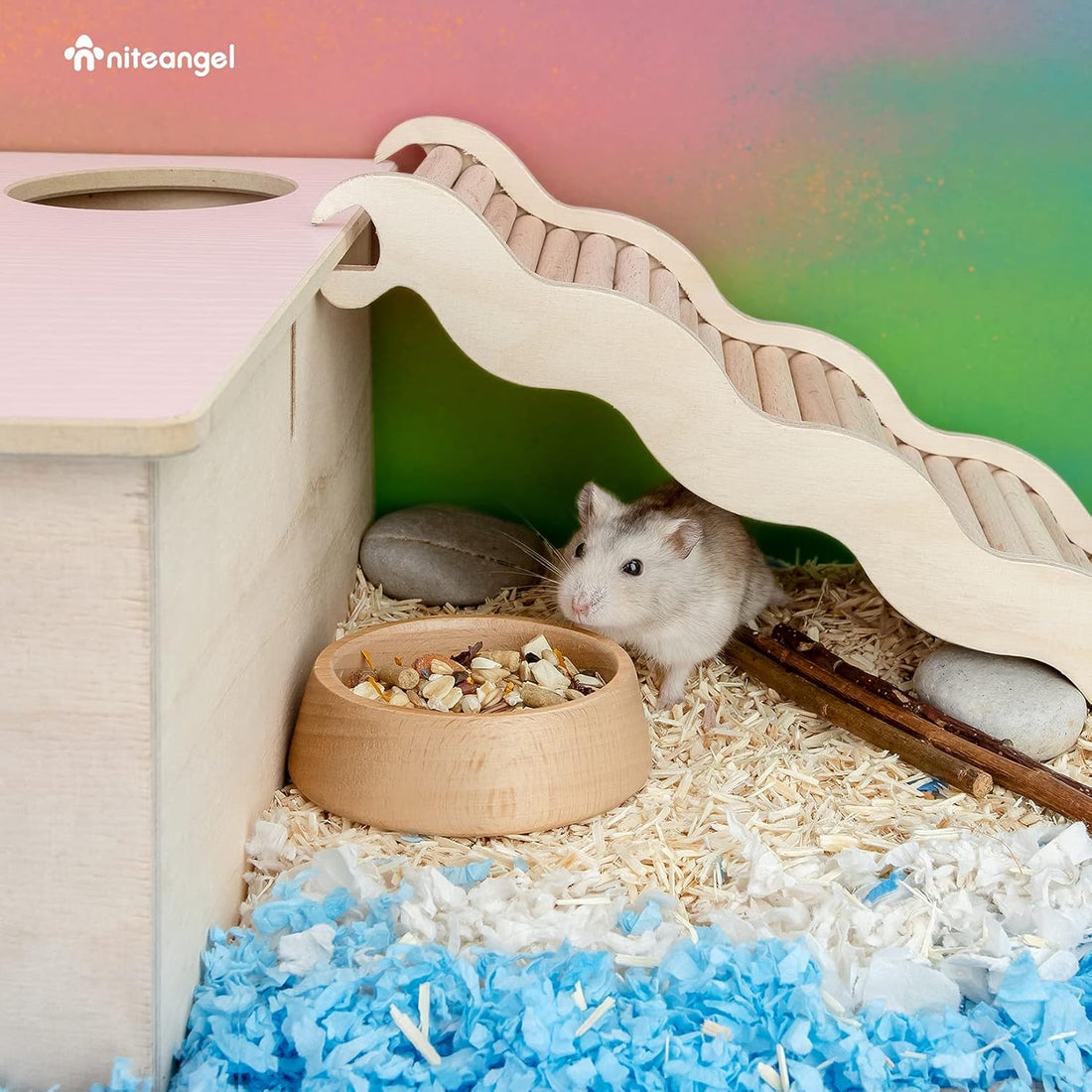Niteangel Wooden Hamster Food Bowl: Beech Stable & Hammy Pattern